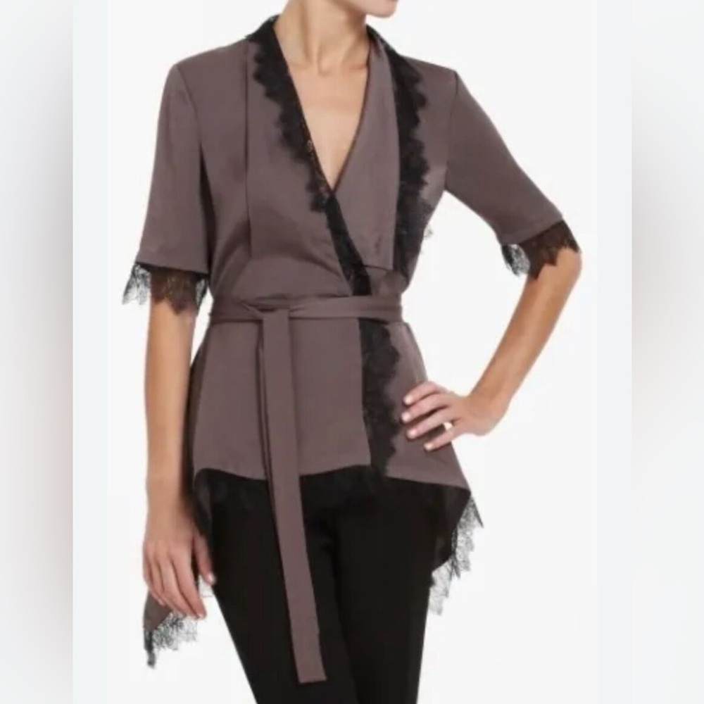 BCBGMaxAzria Taupe Blouse with Black Lace Trim